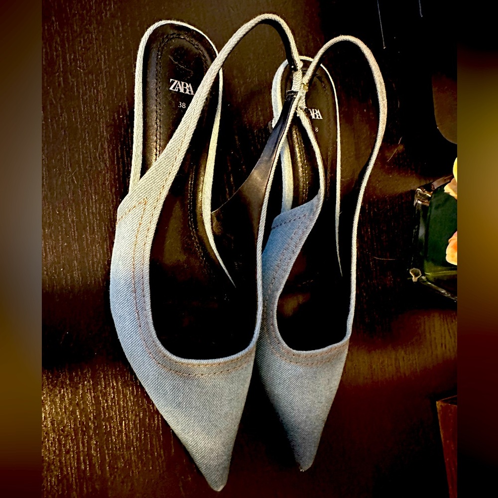 Zara denim kitten heels slingback shoes